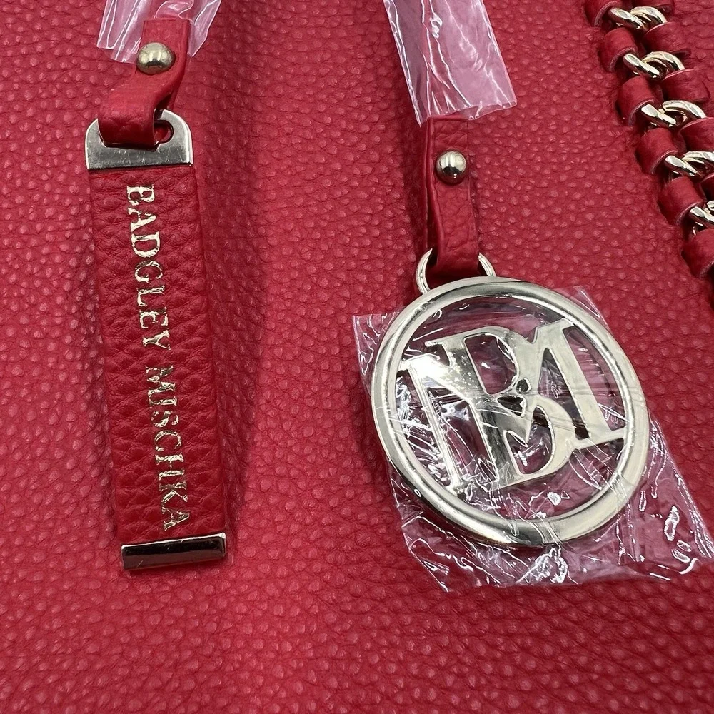 Badgley Mischka Red Vegan Leather Decorative Chain Tote Bag BMH-015‎ NEW